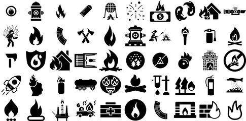 Massive Set Of Fire Icons Pack Hand-Drawn Solid Vector Glyphs Fire, Icon, Wind, Doorway Graphic Isolated On White Background - obrazy, fototapety, plakaty