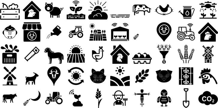 Big Collection Of Farm Icons Pack Hand-Drawn Black Design Pictograms Tool, Silhouette, Farm Animal, Icon Illustration For Computer And Mobile