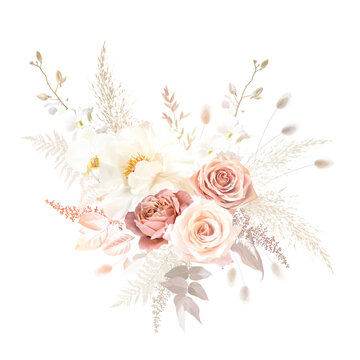 Gold, blush pink, beige, white rose, peony, orchid, ranunculus flower, lagarus, pampas grass