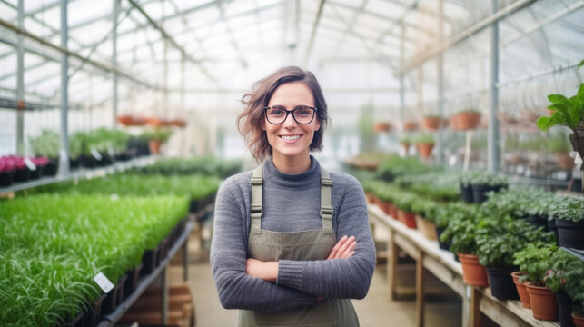 Woman Discovering Happiness in the Garden Center. Generative AI