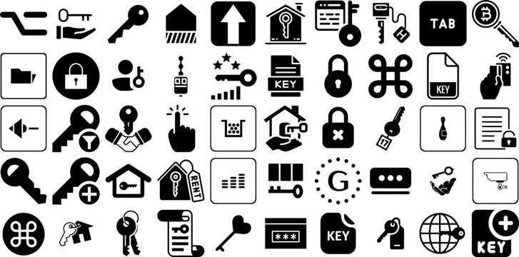 Big Collection Of Key Icons Pack Hand-Drawn Black Modern Clip Art Symbol, Tool, Icon, Wheel Symbol Isolated On White Background
