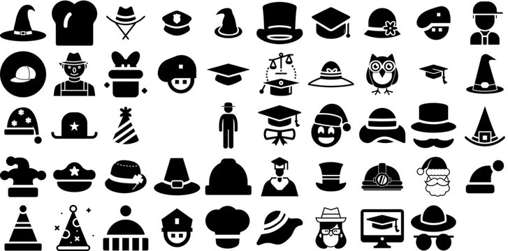 Mega Set Of Hat Icons Bundle Linear Infographic Clip Art Toque, Contractor, Birthday, Icon Doodle Vector Illustration
