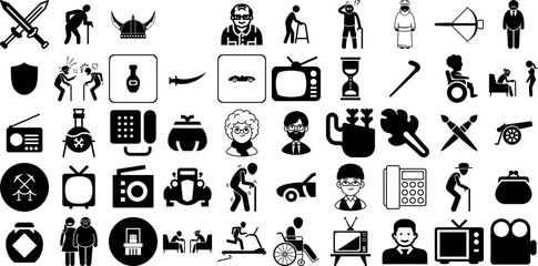 Big Collection Of Old Icons Bundle Linear Cartoon Silhouette Intercom, Church, People, Symbol Buttons Isolated On White Background