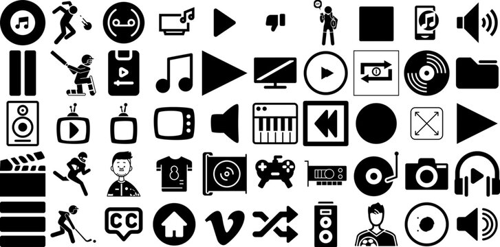 Big Collection Of Player Icons Collection Hand-Drawn Black Vector Signs Mp3, Us, Icon, Badge Pictograph Vector Illustration