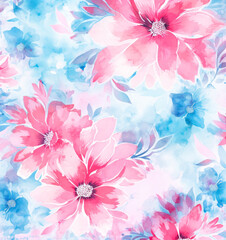 Fototapeta na wymiar Watercolor floral pattern, pink and turquoise, in the style of loose watercolor paint. 
