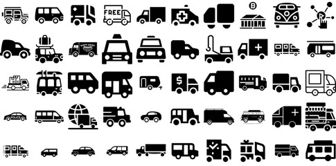 Mega Collection Of Van Icons Pack Linear Concept Symbol Shopping, Service, Product, Coin Doodle Vector Illustration