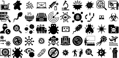 Massive Collection Of Virus Icons Pack Hand-Drawn Black Concept Pictograms Microorganism, Icon, Strand, Threat Silhouettes Isolated On Transparent Background - obrazy, fototapety, plakaty