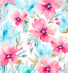 Watercolor floral pattern, pink and turquoise, in the style of loose watercolor paint. 