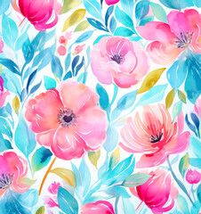 Fototapeta premium Watercolor floral pattern, pink and turquoise, in the style of loose watercolor paint. 