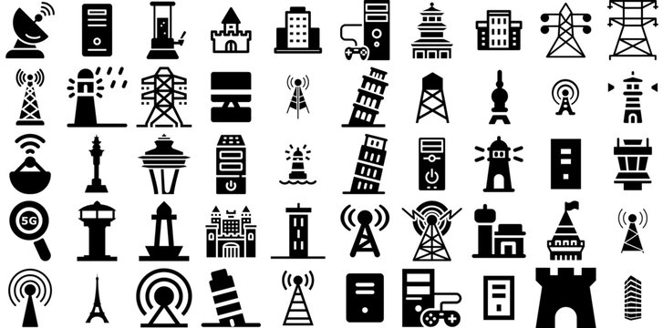 Big Collection Of Tower Icons Collection Isolated Drawing Symbol Icon, Spot, Tower, Aerial Clip Art Vector Illustration