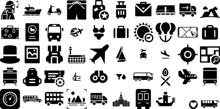 Huge Collection Of Travel Icons Pack Isolated Design Silhouette Silhouette, Photo Camera, Pointer, Yacht Glyphs Isolated On White