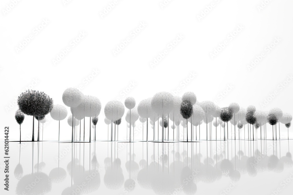 Poster white backdrop with a line of trees in the front. made using generative ai tools