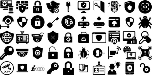 Big Set Of Security Icons Collection Hand-Drawn Black Infographic Symbol Set, Tool, Person, Mark Pictograph Isolated On White Background - obrazy, fototapety, plakaty