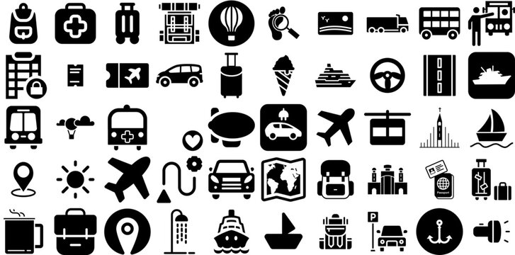 Massive Set Of Travel Icons Set Hand-Drawn Linear Concept Web Icon Photo Camera, Yacht, Silhouette, Pointer Symbols Vector Illustration