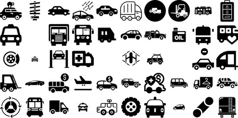 Huge Set Of Vehicle Icons Collection Isolated Simple Pictograms Holiday Maker, Coin, Wheel, Icon Illustration Isolated On White