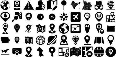 Massive Collection Of Map Icons Bundle Hand-Drawn Black Cartoon Symbol Pointer, Three-Dimensional, Orientation, Mark Doodles Isolated On White Background
