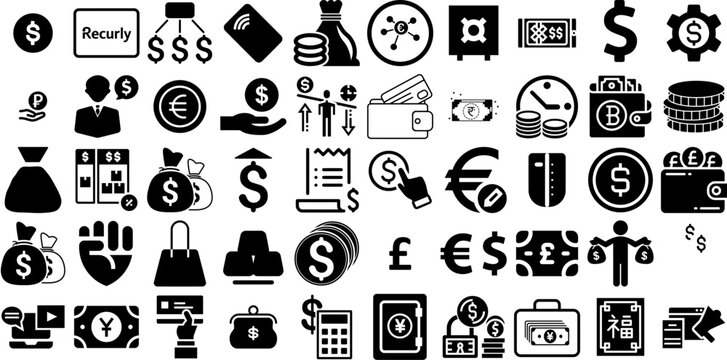 Huge Set Of Money Icons Bundle Hand-Drawn Linear Concept Signs Finance, Goodie, Coin, Silhouette Logotype Vector Illustration