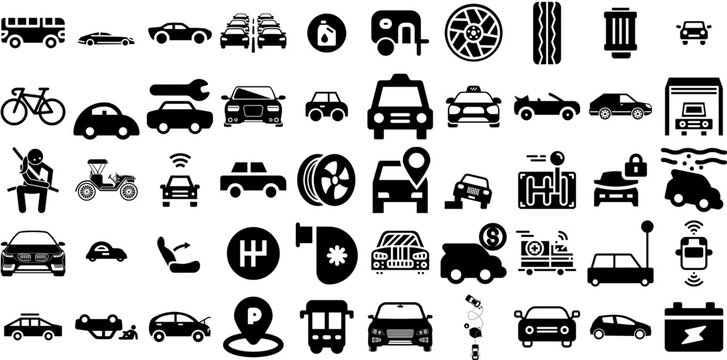 Big Collection Of Car Icons Pack Hand-Drawn Linear Vector Glyphs Mark, Slow, Yacht, Laundered Pictograph For Computer And Mobile