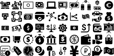 Huge Set Of Money Icons Collection Isolated Concept Pictogram Goodie, Coin, Finance, Silhouette Silhouette Isolated On Transparent Background