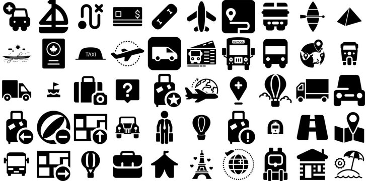 Huge Set Of Travel Icons Bundle Hand-Drawn Linear Cartoon Pictogram Yacht, Pointer, Photo Camera, Silhouette Pictogram Isolated On Transparent Background