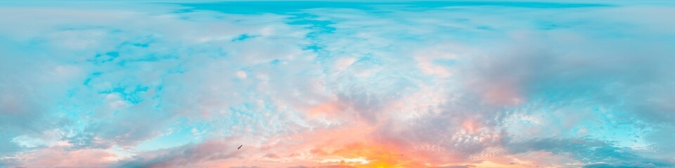 Sunset sky panorama with bright glowing pink Cirrus clouds. HDR 360 seamless spherical panorama. Full zenith or sky dome in 3D, sky replacement for aerial drone panoramas. Climate and weather change.