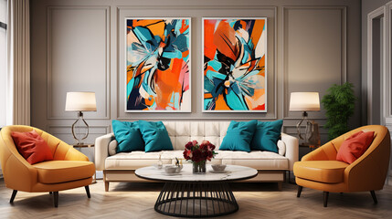 Pop art style interior design of modern living room with two beige sofas.