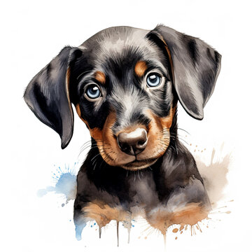 Doberman puppy, on a white background. Cute digital watercolour for dog lovers.