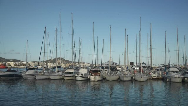 Harbour boats and Cathedral above Dalt Vila old town, Ibiza Town, Ibiza, Balearic Islands, Spain
