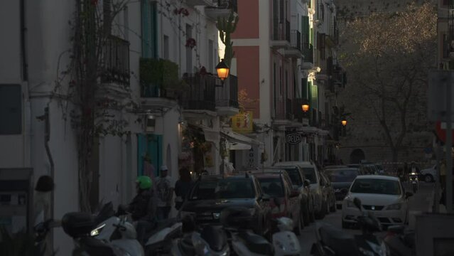 Street scene and Cathedral above Dalt Vila old town, UNESCO World Heritage Site, Ibiza Town, Ibiza, Balearic Islands, Spain