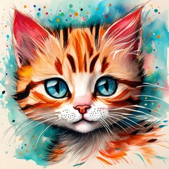Little kitty face made as if it had been drawn by a girl, made with crayons, brushes and colored pencils. It must be very tender.