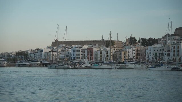 Harbour boats and Cathedral above Dalt Vila old town at dusk, UNESCO World Heritage Site, Ibiza Town, Ibiza, Balearic Islands, Spain