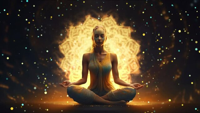 Woman meditating in lotus position. Animated mandala
