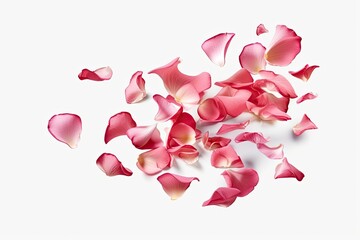 On a white backdrop, rose petals are dispersed. excellent for print advertising, presentations, and forms
