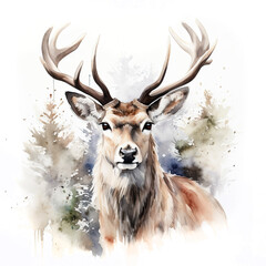 Beautiful stag in a forest, from view of a male in his prime. Digital watercolour.