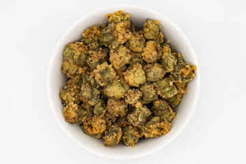 Breaded and Fried Okra in a White Bowl