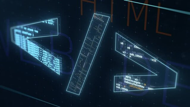 Abstract animation about web development and coding, represented by the iconic symbol, concept of technological innovation and digital connectivity (3d render)