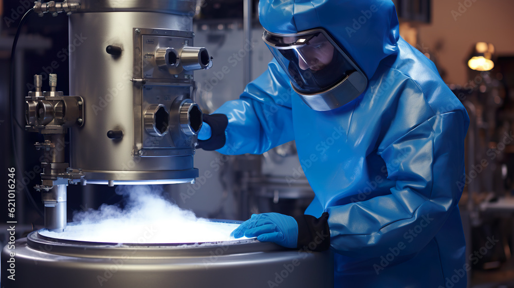 Poster a man in a blue protective suit is working on a machine. generative ai. unrecognisable workers in pr