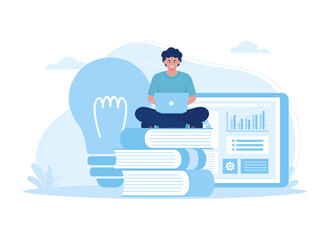 Working on a laptop, looking for ideas to analyze data, trending concept flat illustration