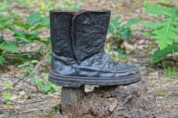 one old black torn leather boot stands on a gray stump in the street