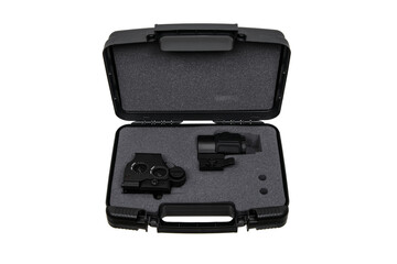 Modern optical collimator sight with magnifier. Aiming device for shooting at short distances....