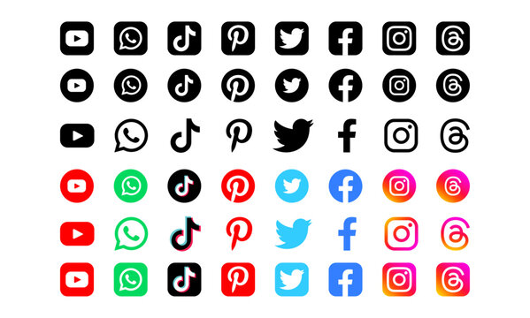 Collection of popular social media logos. Threads, Facebook, Instagram, twitter, LinkedIn, youtube, telegram, Vimeo, Snapchat, and WhatsApp. Realistic editorial set. Isolated on white background.