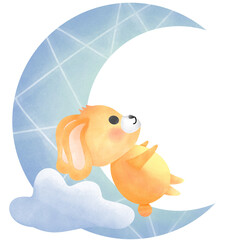 Sweet dreams bunny. A bunny with warm colors sits on the moon at night.
