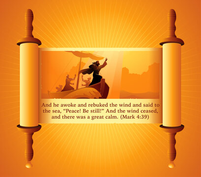 Jesus calms the storm illustration on old scroll, biblical vector illustration series, vector illustration