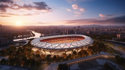 aerial view of modern soccer stadium with city around in sunset, Generative AI