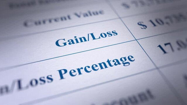 Animated Financial Report with a Focus on "Gain-Loss" Word . Fictitious Data Created Exclusively for This Concept Footage
