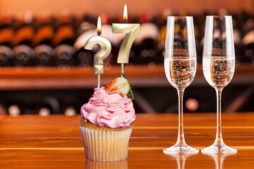 Cupcake With Numbers And Glasses With Wine For Birthday Or Anniversary