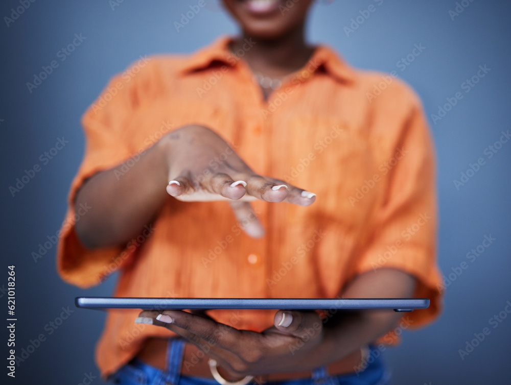 Poster hand, invisible or woman with futuristic tablet for online info on wall background for research on i