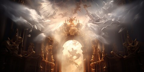 AI Generated. AI Generative. Baroque heaven inner space gate. Religion architecture temple entrance god sun meet fantasy gothic vibe. Graphic Art