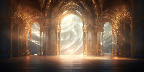 AI Generated. AI Generative. Baroque heaven inner space gate. Religion architecture temple entrance god sun meet fantasy gothic vibe. Graphic Art