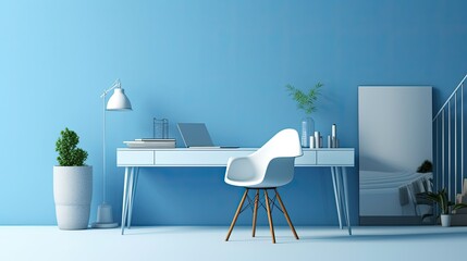 Model of a home office desk with a blue wall and a white table. made using generative AI tools